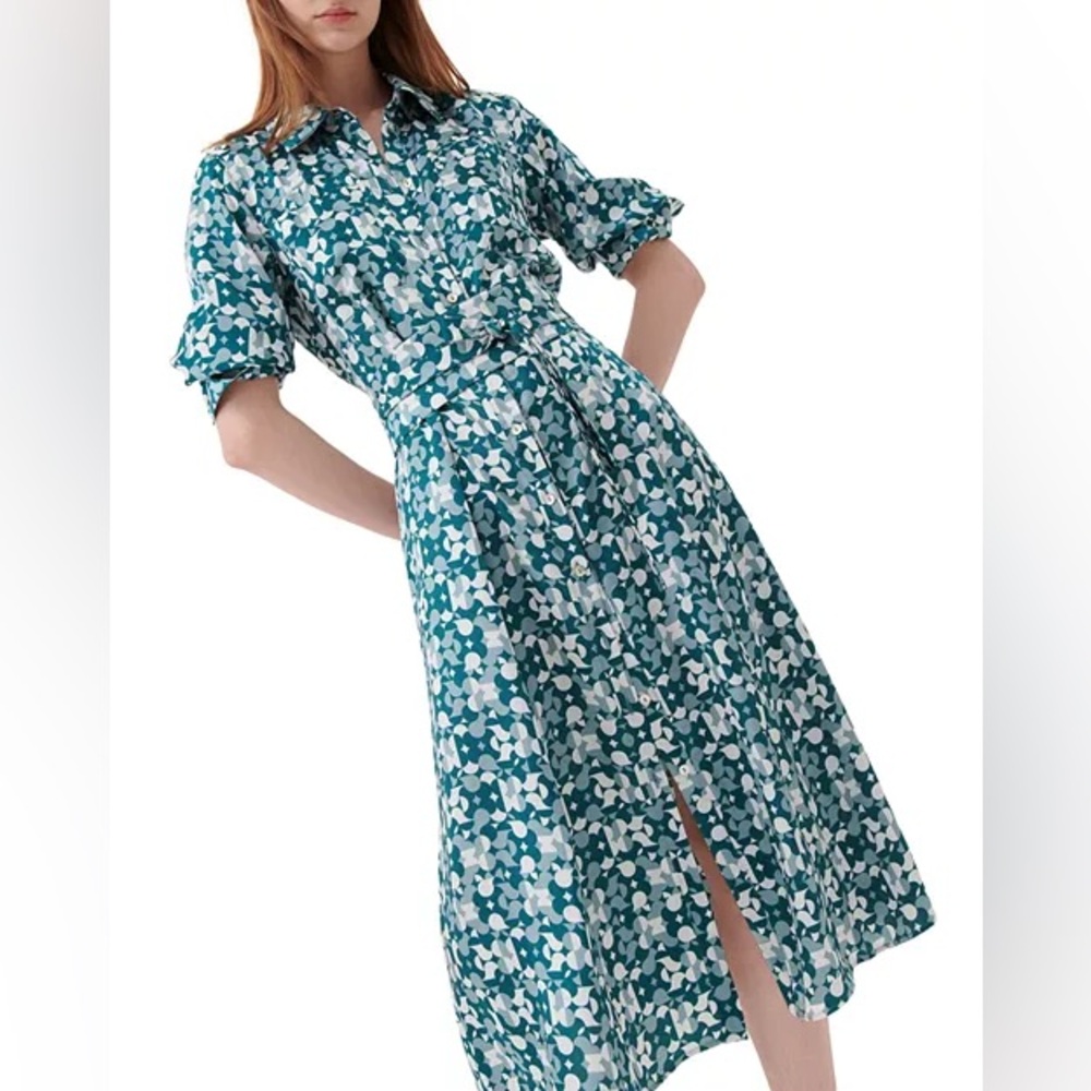MARELLA Diana Midi Shirt Dress in Satin Green Size 6 long sleeve